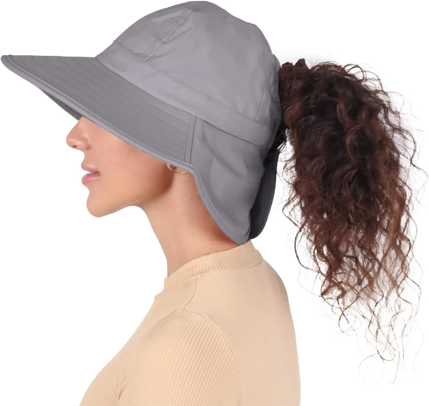 Womens Outdoor Ponytail Drawstring Bucket Hat with Full Back Opening