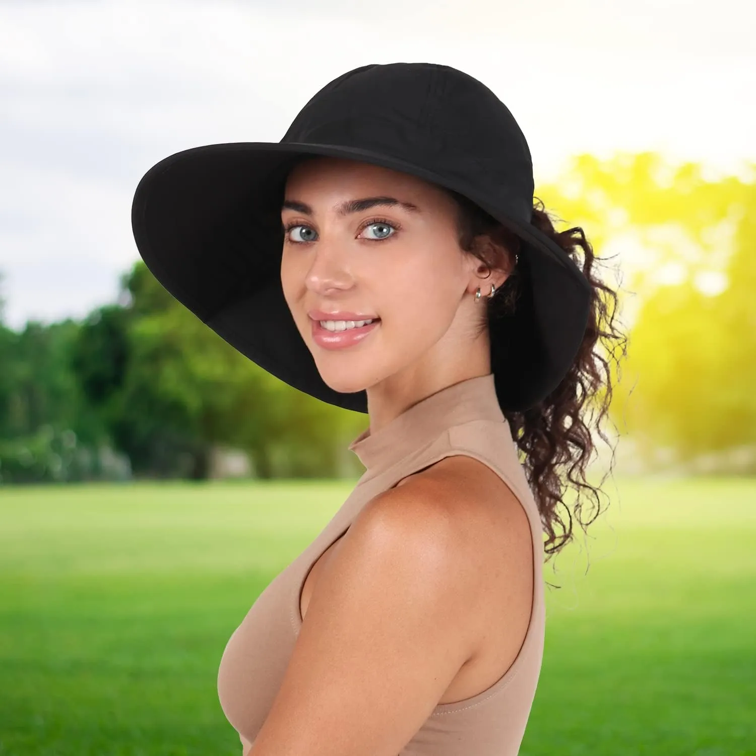 Womens Outdoor Ponytail Drawstring Bucket Hat with Full Back Opening