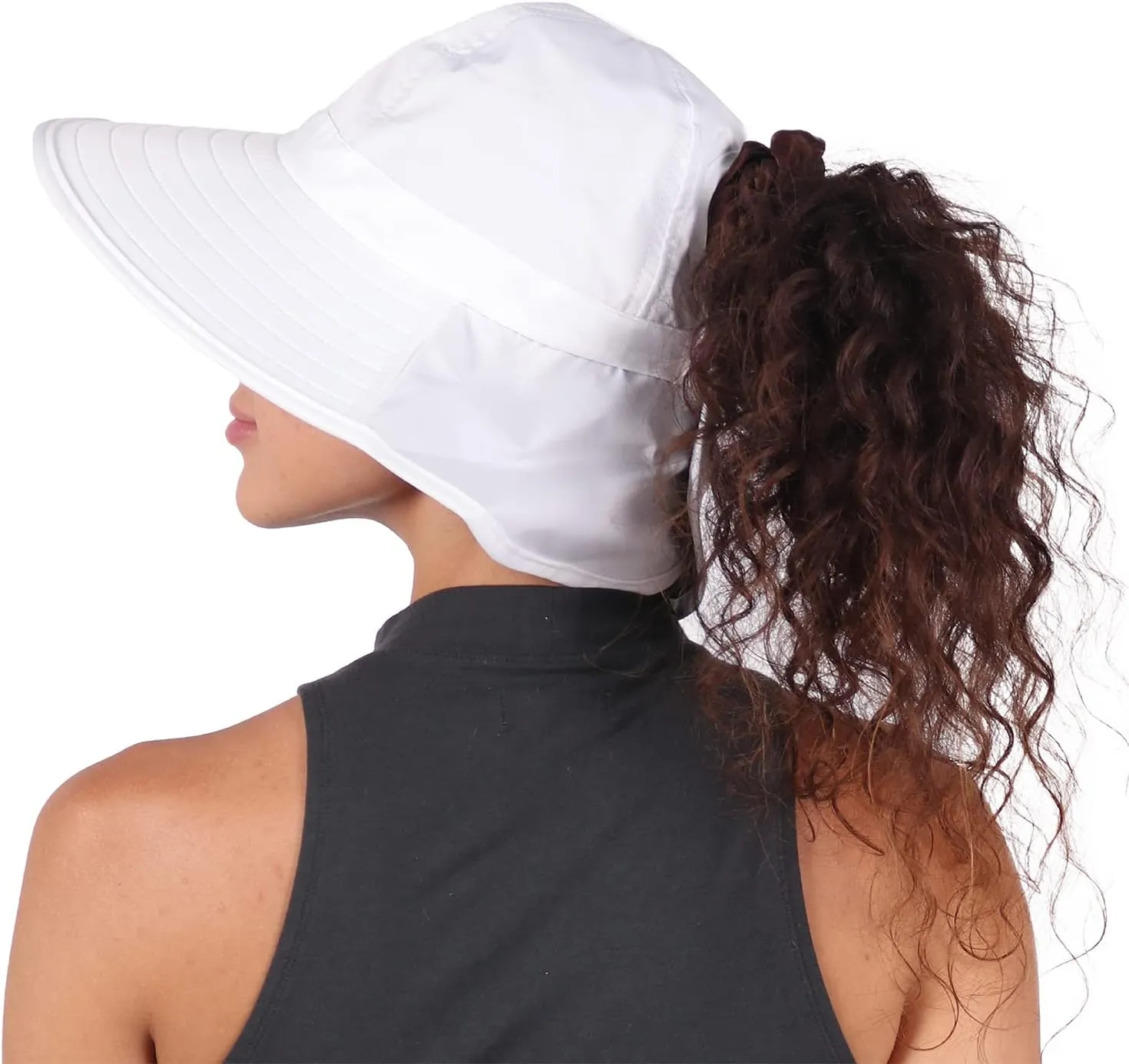 Womens Outdoor Ponytail Drawstring Bucket Hat with Full Back Opening