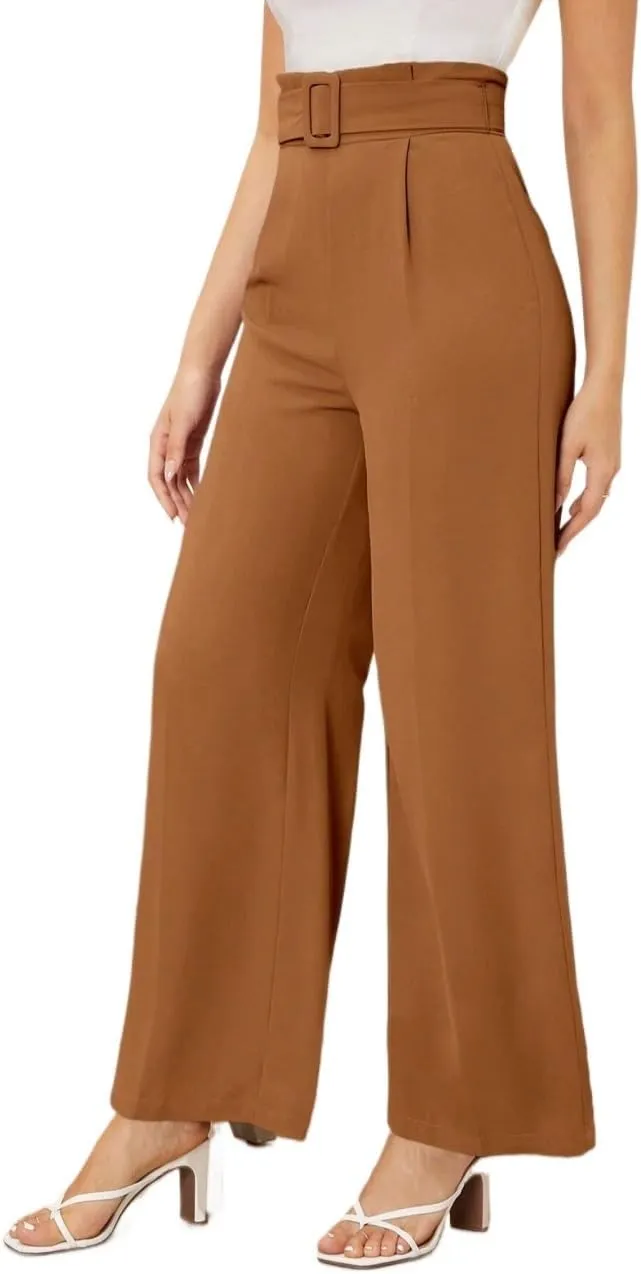 Womens Paperbag Waist Solid Belted Wide Leg Pants Zipper Loose Long Pant Trousers For Women