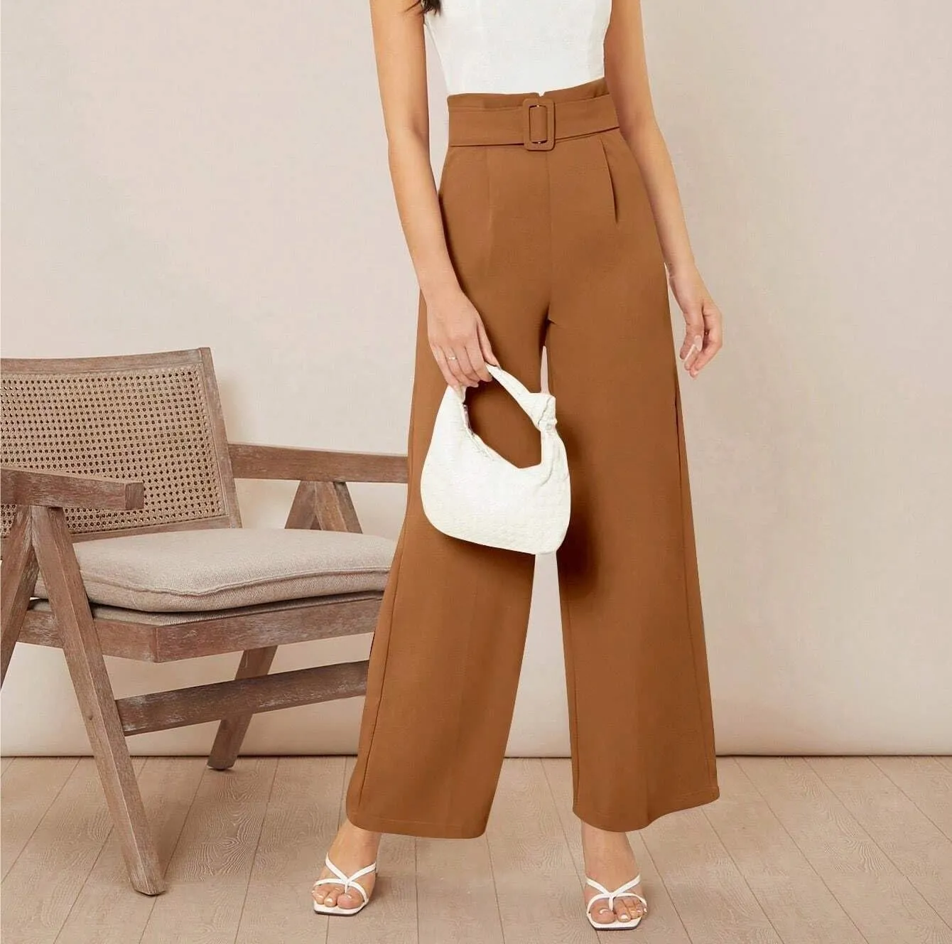 Womens Paperbag Waist Solid Belted Wide Leg Pants Zipper Loose Long Pant Trousers For Women