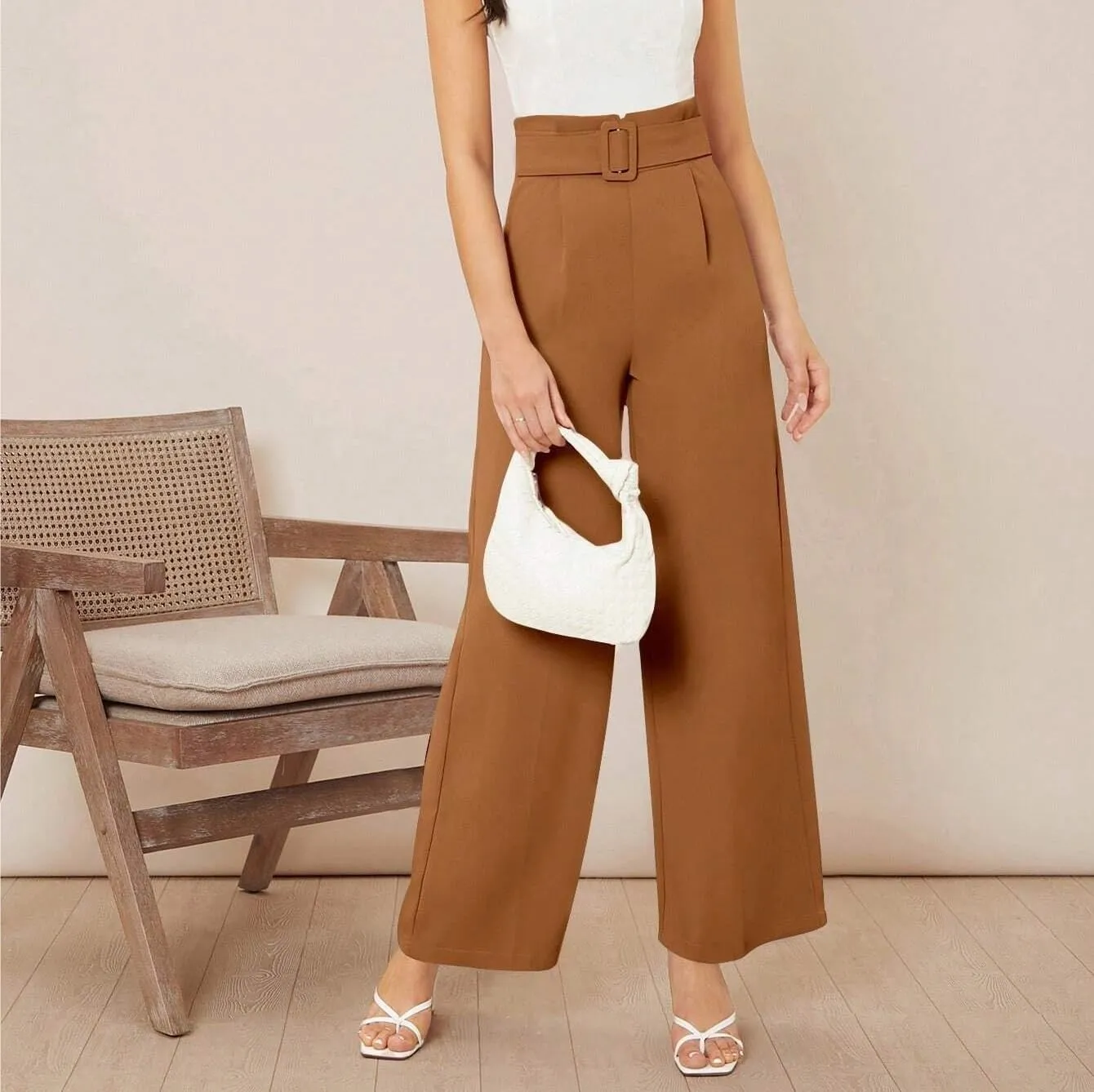 Womens Paperbag Waist Solid Belted Wide Leg Pants Zipper Loose Long Pant Trousers For Women