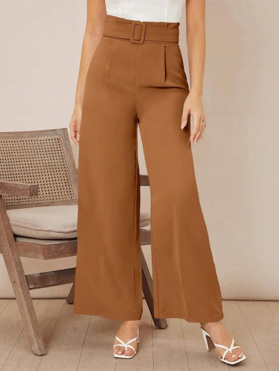 Womens Paperbag Waist Solid Belted Wide Leg Pants Zipper Loose Long Pant Trousers For Women