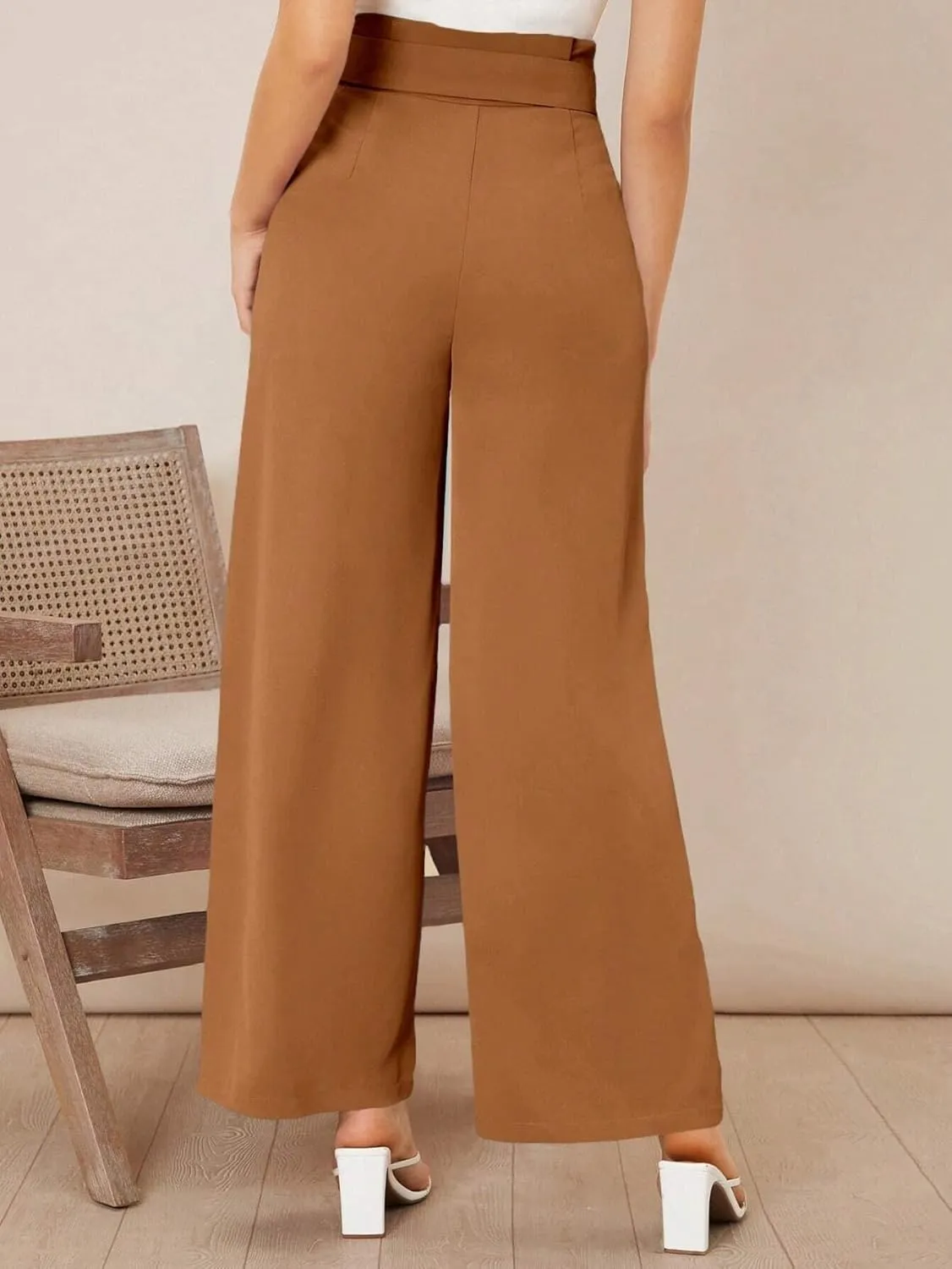 Womens Paperbag Waist Solid Belted Wide Leg Pants Zipper Loose Long Pant Trousers For Women