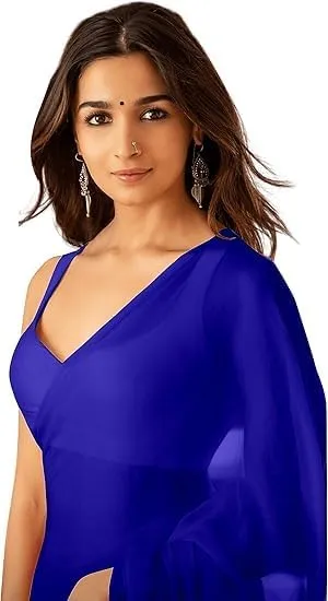 Women's Plain Saree With Unstitched Blouse Piece Rocky Aur Rani Ki Prem Kahani Alia Bhatt Saree