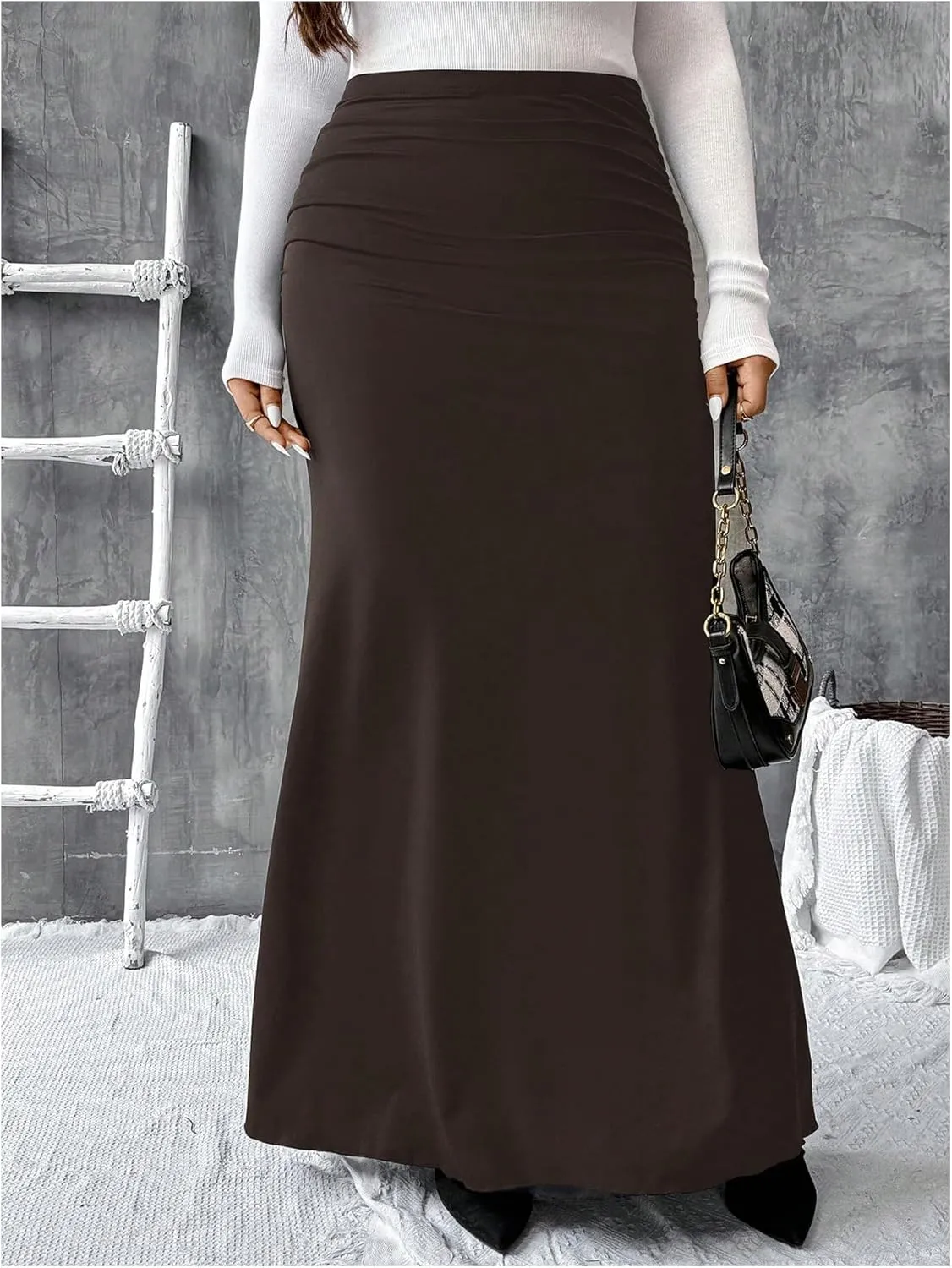 Women's Plus Size Fishtail Knitted Skirt High Waisted Ruched Long Skirts