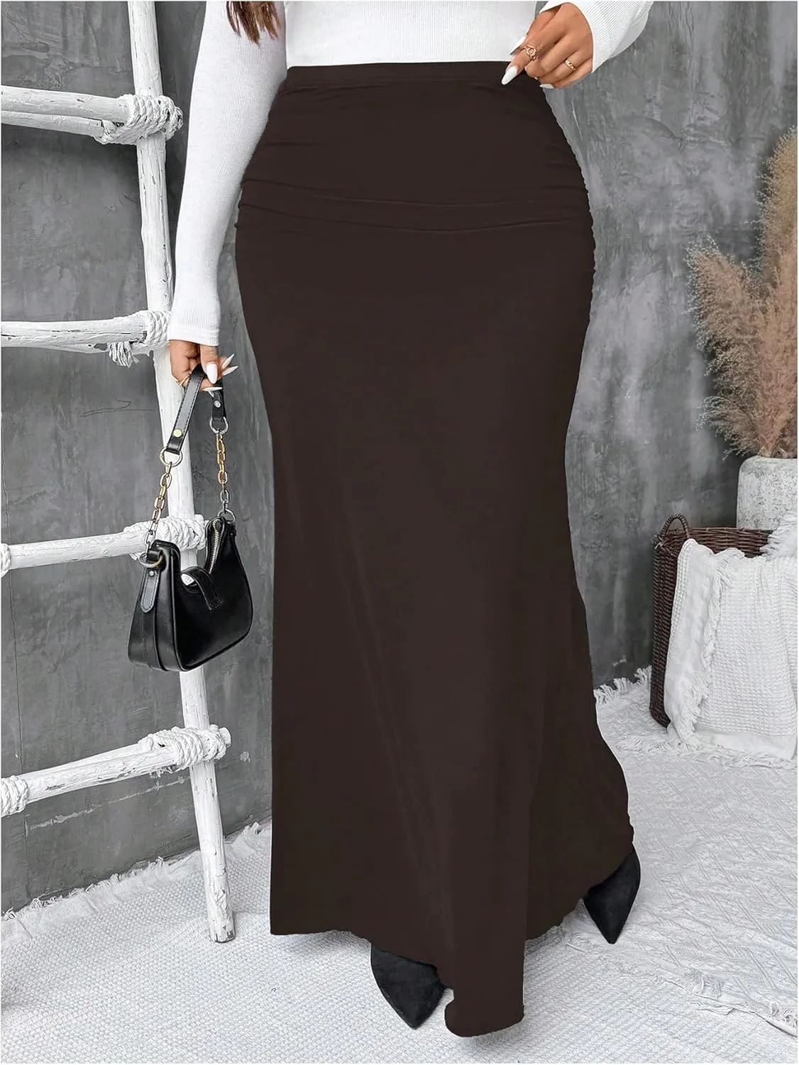 Women's Plus Size Fishtail Knitted Skirt High Waisted Ruched Long Skirts