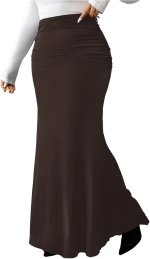 Women's Plus Size Fishtail Knitted Skirt High Waisted Ruched Long Skirts