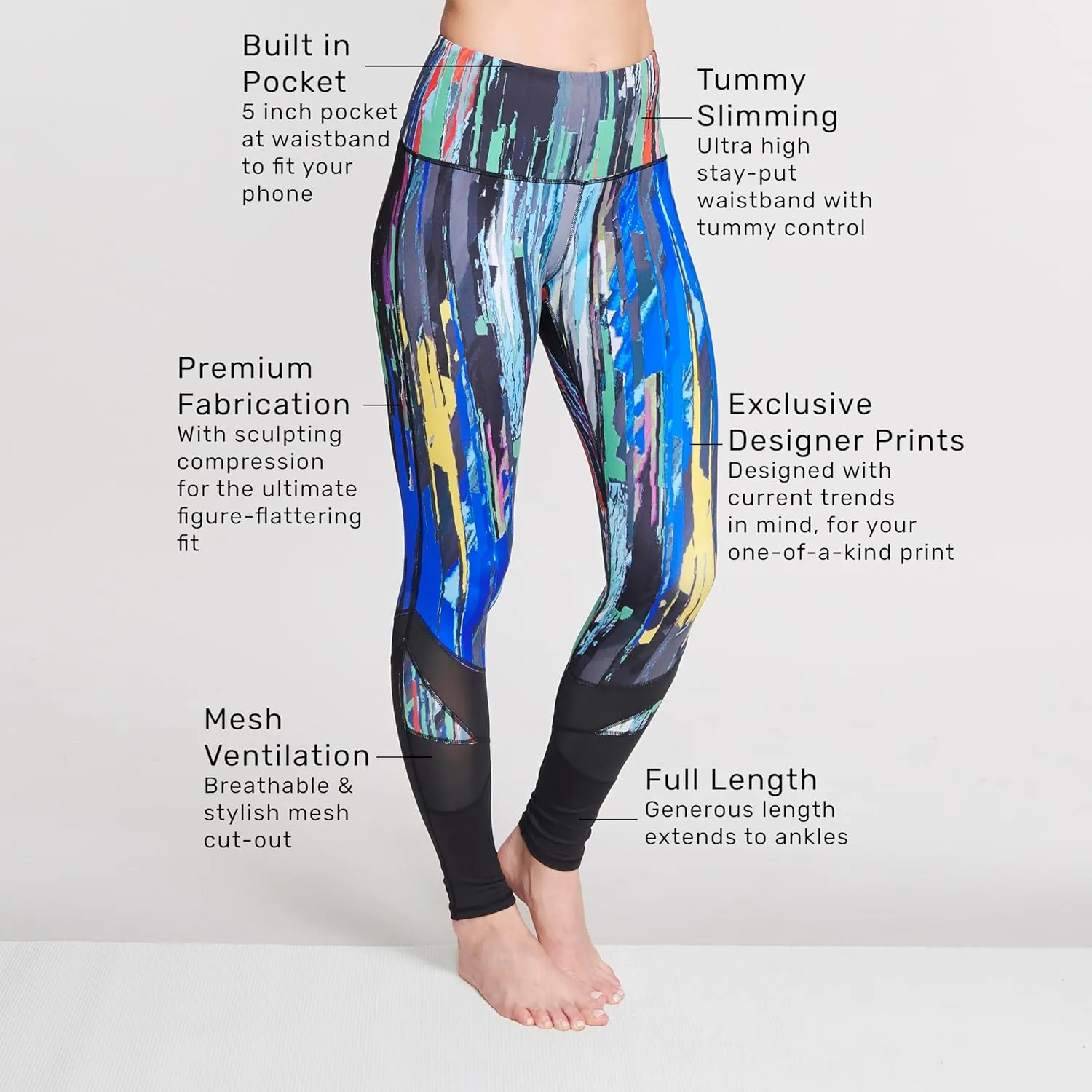 Womens Printed Leggings w/Pocket – High Waist, Tummy Control, Full Length - Perfect for Yoga & Workouts