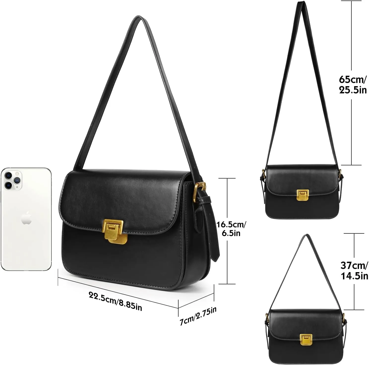 Women's Shoulder Bag Messenger Handbag Preppy Style Female Crossbody Bag Retro Purse Designer Briefcase (Black)