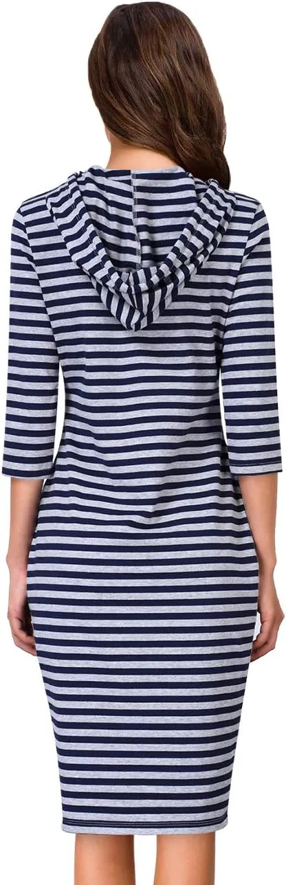 Women's Stripe Pocket Knee Length Slim Pullover Hoodie Dress