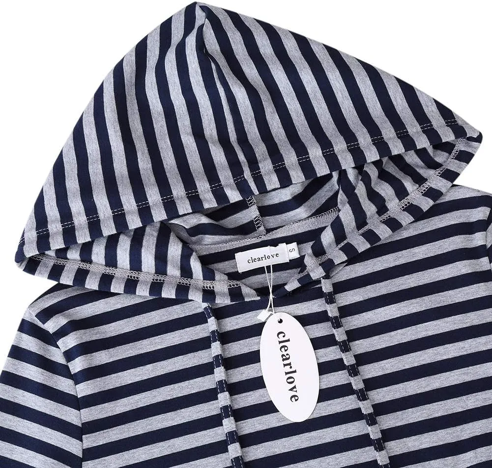 Women's Stripe Pocket Knee Length Slim Pullover Hoodie Dress
