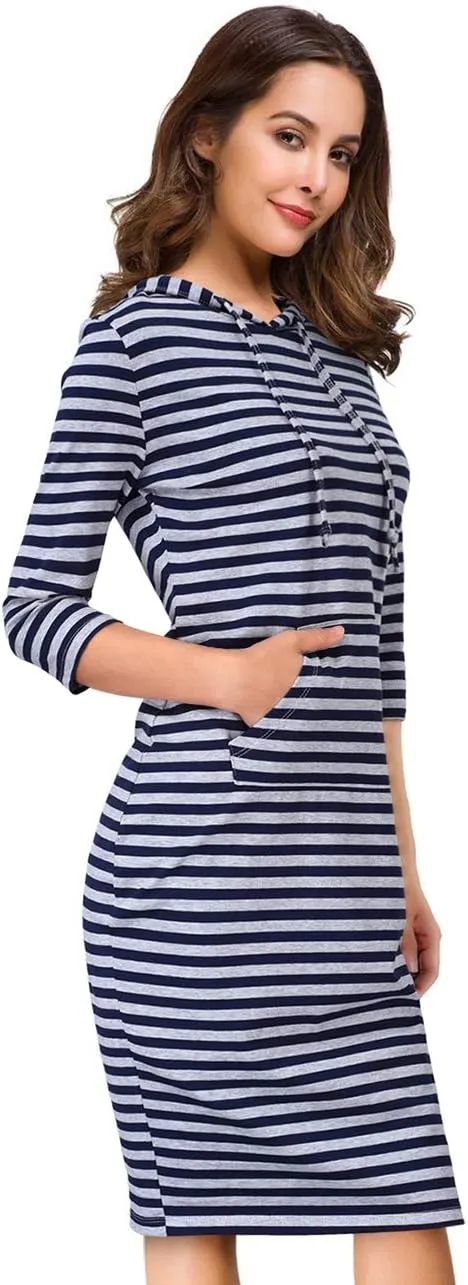 Women's Stripe Pocket Knee Length Slim Pullover Hoodie Dress