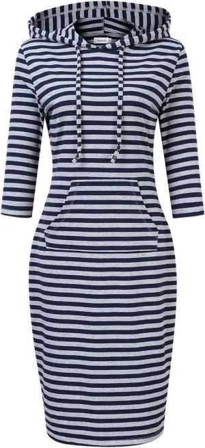 Women's Stripe Pocket Knee Length Slim Pullover Hoodie Dress