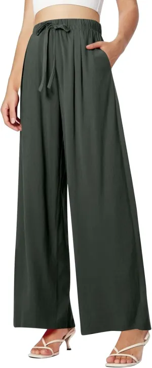 Women's Summer High Waist Linen Palazzo Pants Wide Leg Long Button Up Jogger Pant Trousers with Pocket