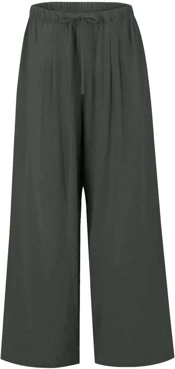 Women's Summer High Waist Linen Palazzo Pants Wide Leg Long Button Up Jogger Pant Trousers with Pocket
