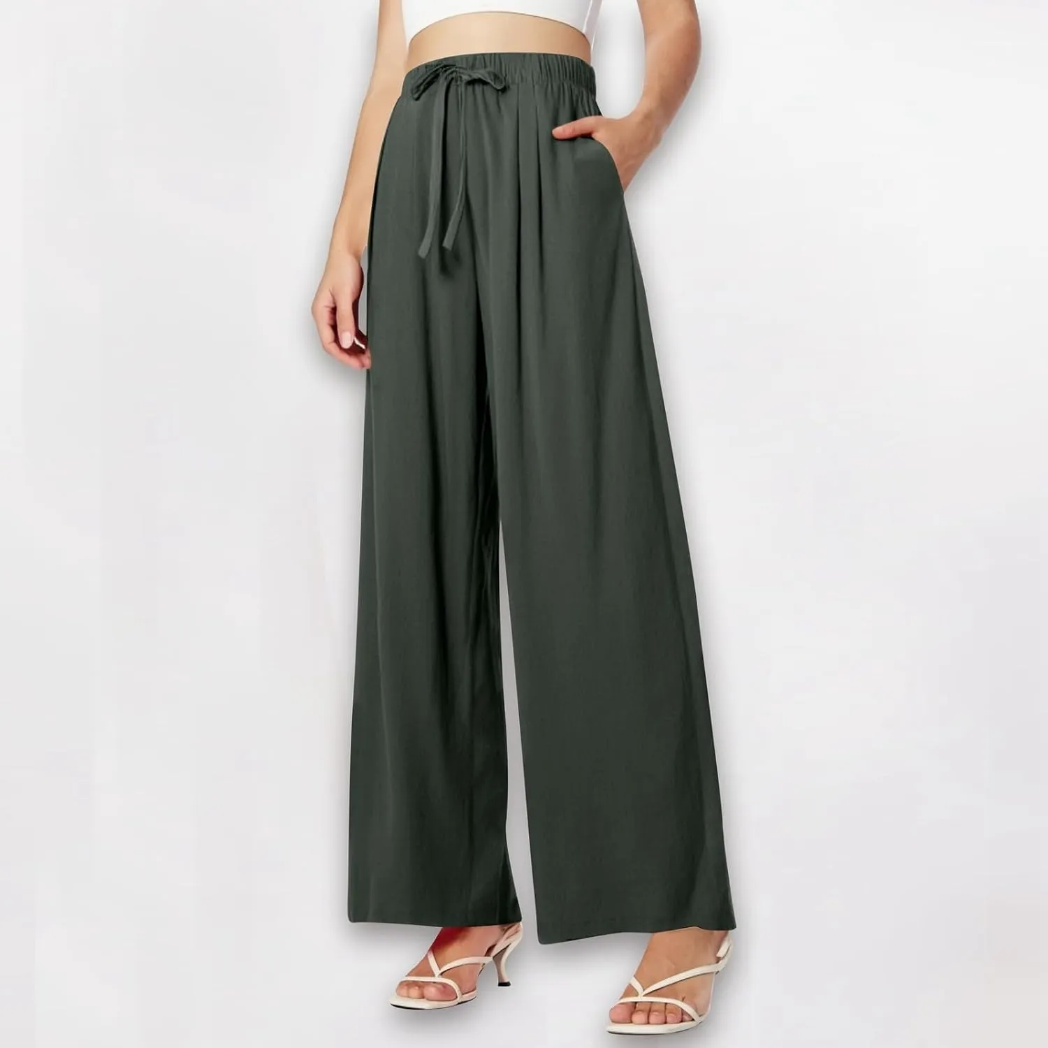Women's Summer High Waist Linen Palazzo Pants Wide Leg Long Button Up Jogger Pant Trousers with Pocket