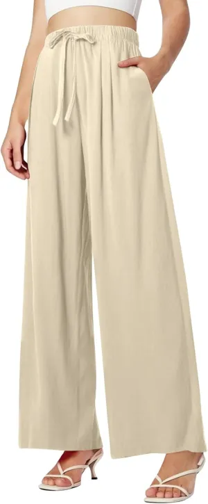 Women's Summer High Waist Linen Palazzo Pants Wide Leg Long Button Up Jogger Pant Trousers with Pocket