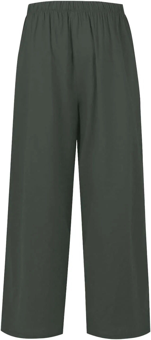 Women's Summer High Waist Linen Palazzo Pants Wide Leg Long Button Up Jogger Pant Trousers with Pocket