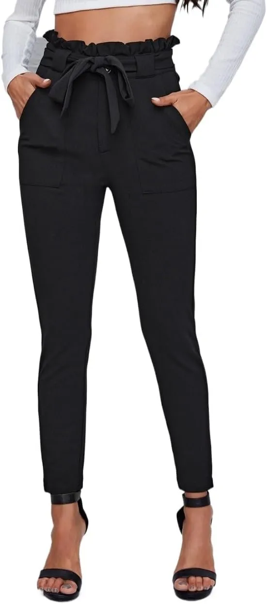 Women's Summer Pants Paperbag Waist Double Pocket Belted Pants Casual Work Pants