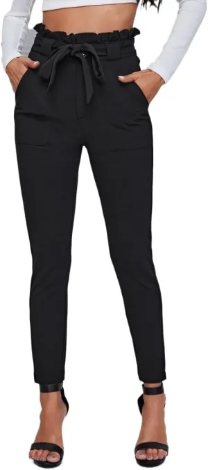 Women's Summer Pants Paperbag Waist Double Pocket Belted Pants Casual Work Pants