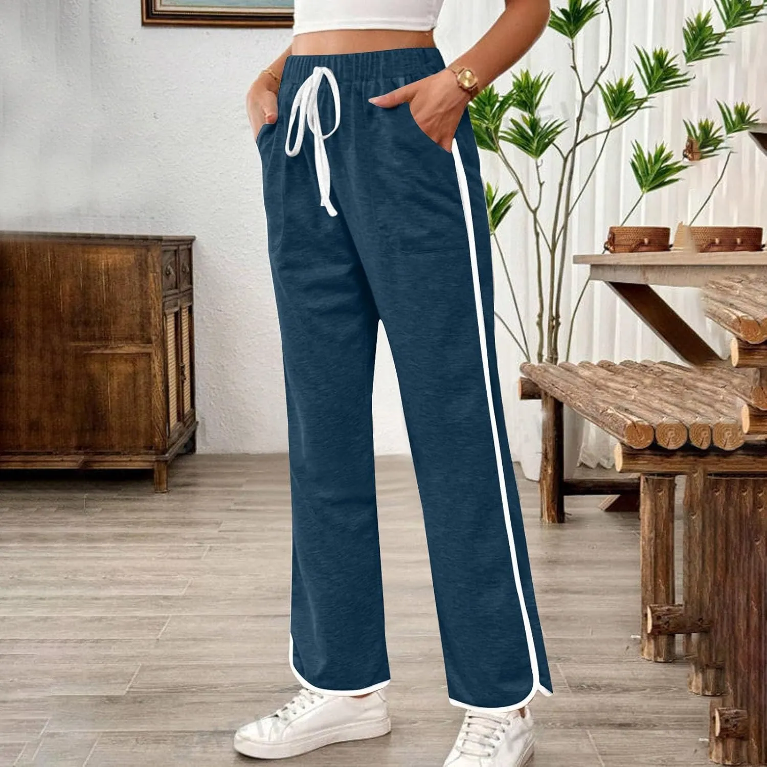 Women's Sweatpants Wide Leg Joggers Drawstring Elastic Pants Lightweight Lounge Baggy Running Pants with Pockets