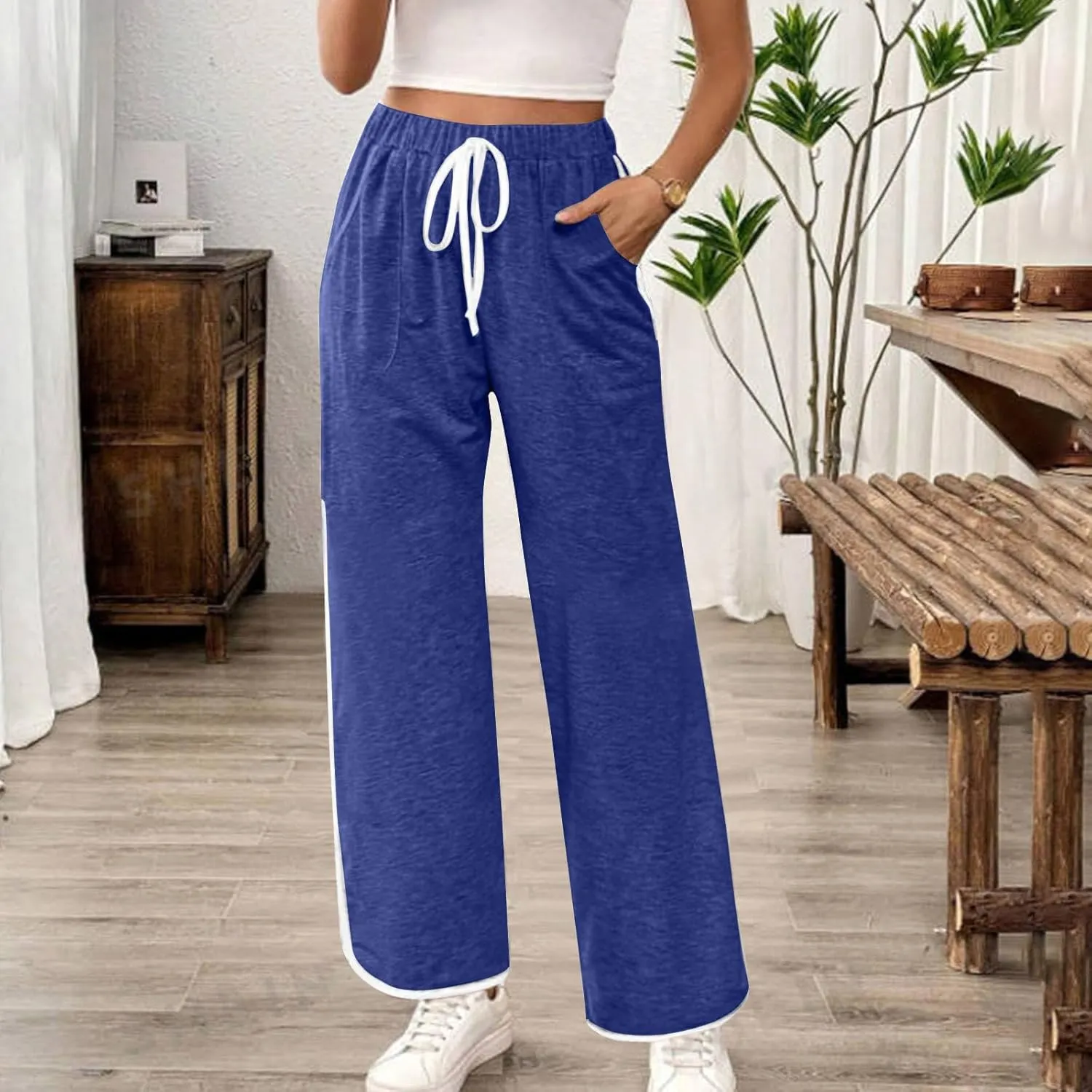 Women's Sweatpants Wide Leg Joggers Drawstring Elastic Pants Lightweight Lounge Baggy Running Pants with Pockets
