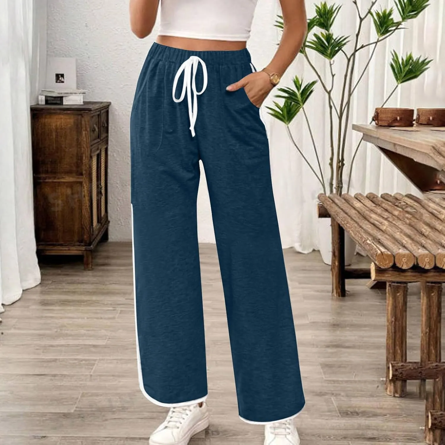 Women's Sweatpants Wide Leg Joggers Drawstring Elastic Pants Lightweight Lounge Baggy Running Pants with Pockets
