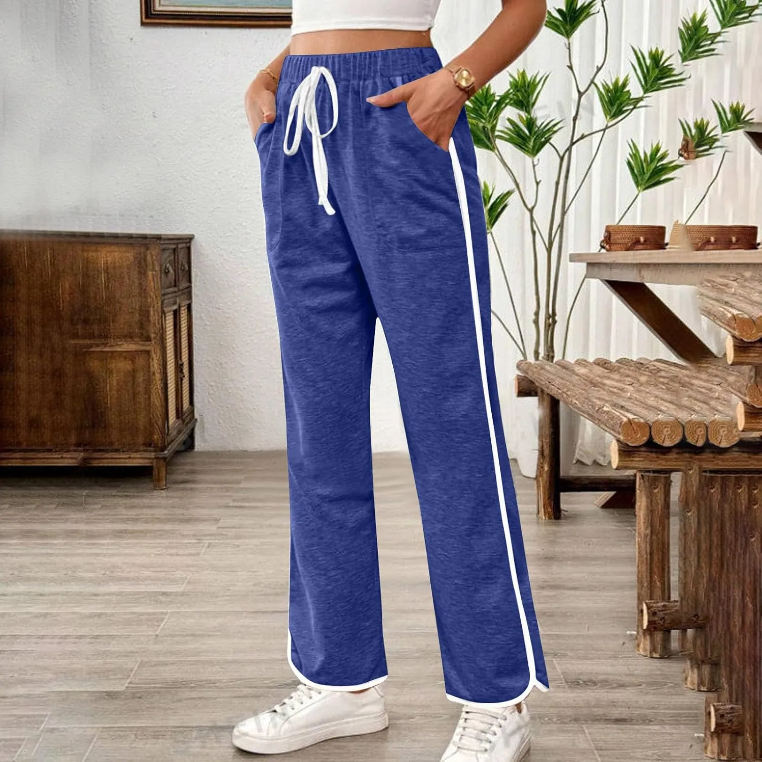 Women's Sweatpants Wide Leg Joggers Drawstring Elastic Pants Lightweight Lounge Baggy Running Pants with Pockets
