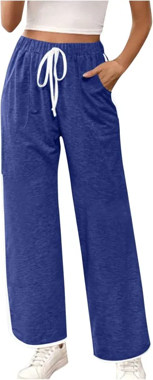 Women's Sweatpants Wide Leg Joggers Drawstring Elastic Pants Lightweight Lounge Baggy Running Pants with Pockets