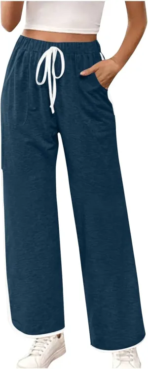 Women's Sweatpants Wide Leg Joggers Drawstring Elastic Pants Lightweight Lounge Baggy Running Pants with Pockets