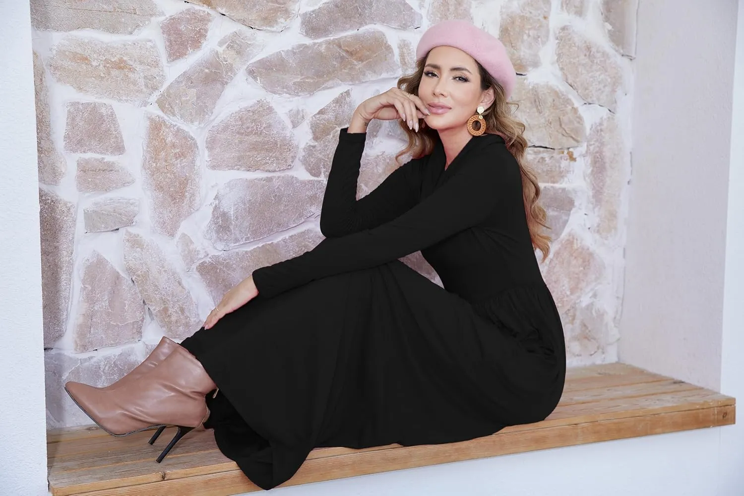 Women's Winter Long Sleeve Casual Maxi Dress Cowl Neck Empire Waist Plain Loose Long Dress with Pockets