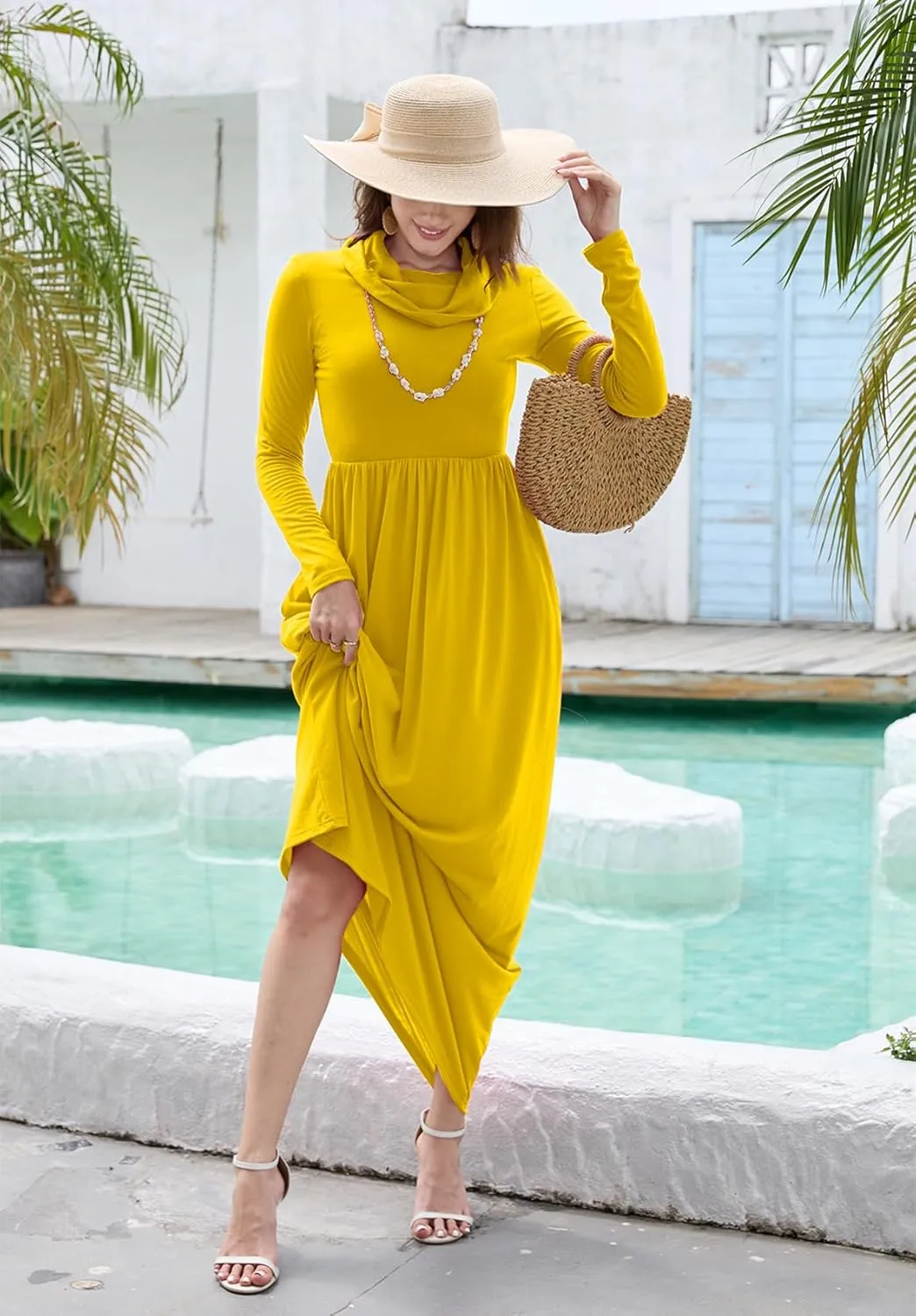 Women's Winter Long Sleeve Casual Maxi Dress Cowl Neck Empire Waist Plain Loose Long Dress with Pockets
