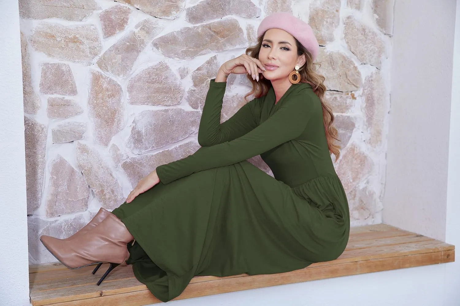 Women's Winter Long Sleeve Casual Maxi Dress Cowl Neck Empire Waist Plain Loose Long Dress with Pockets