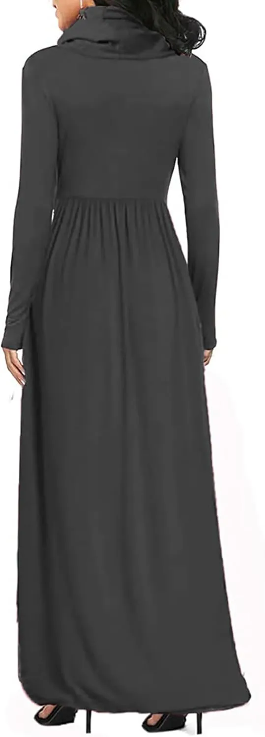 Women's Winter Long Sleeve Casual Maxi Dress Cowl Neck Empire Waist Plain Loose Long Dress with Pockets