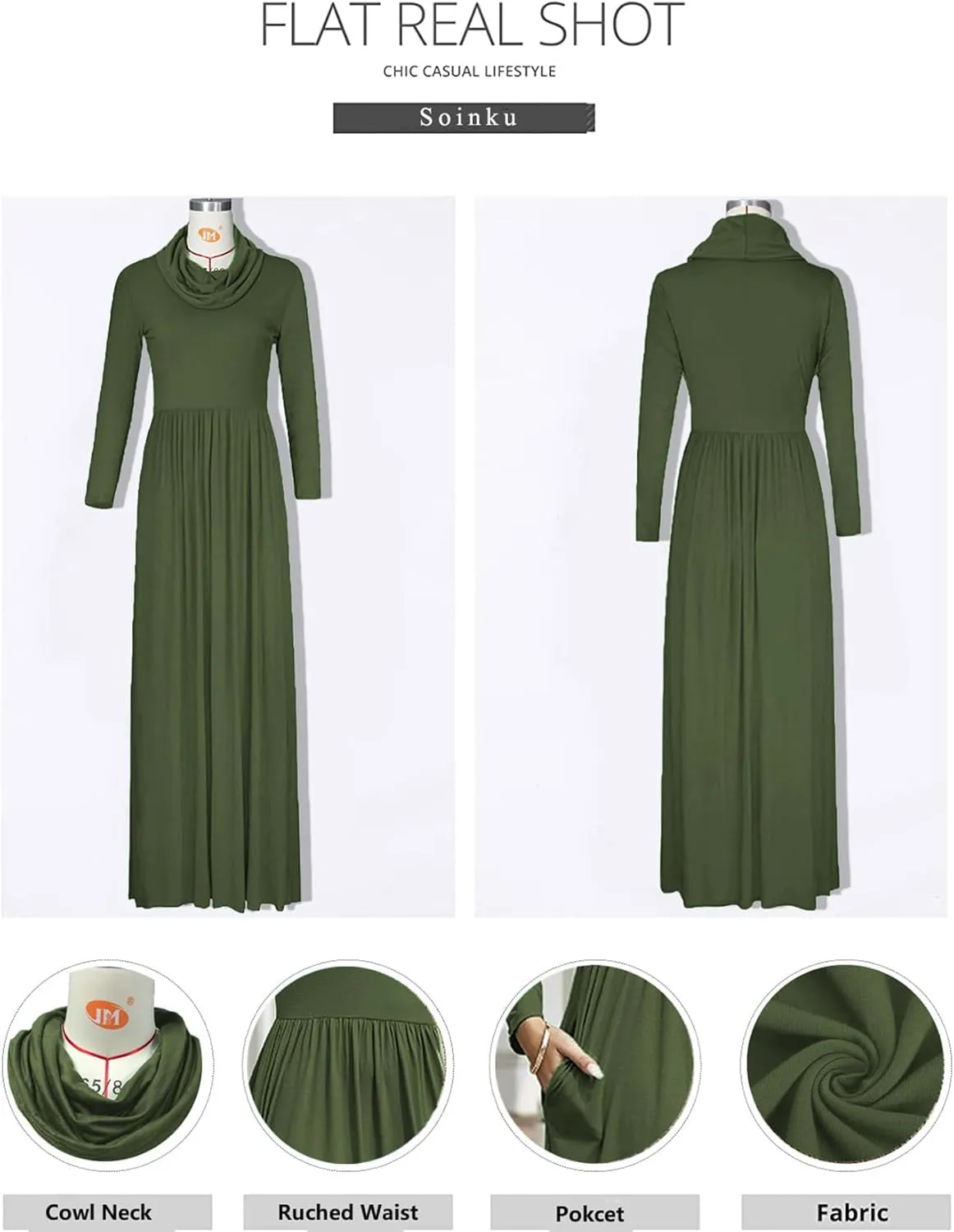 Women's Winter Long Sleeve Casual Maxi Dress Cowl Neck Empire Waist Plain Loose Long Dress with Pockets