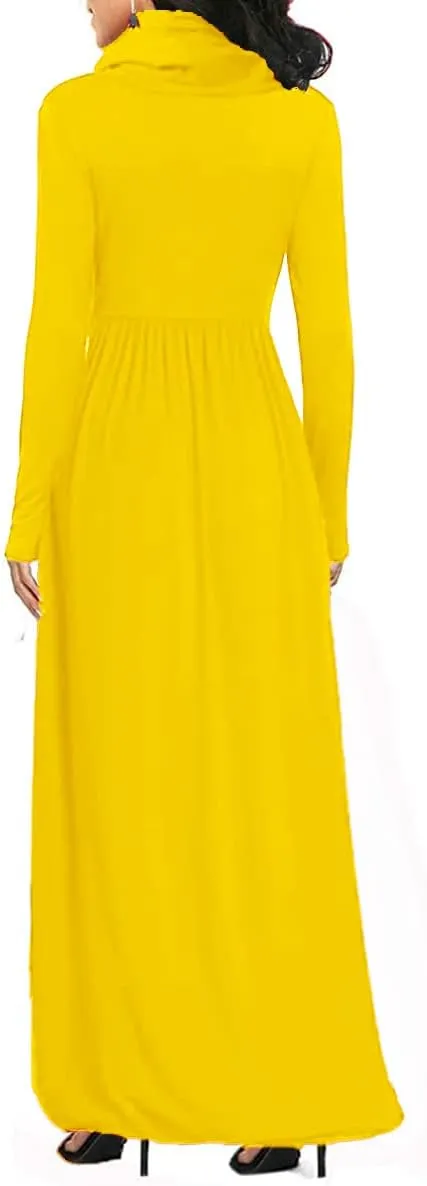 Women's Winter Long Sleeve Casual Maxi Dress Cowl Neck Empire Waist Plain Loose Long Dress with Pockets