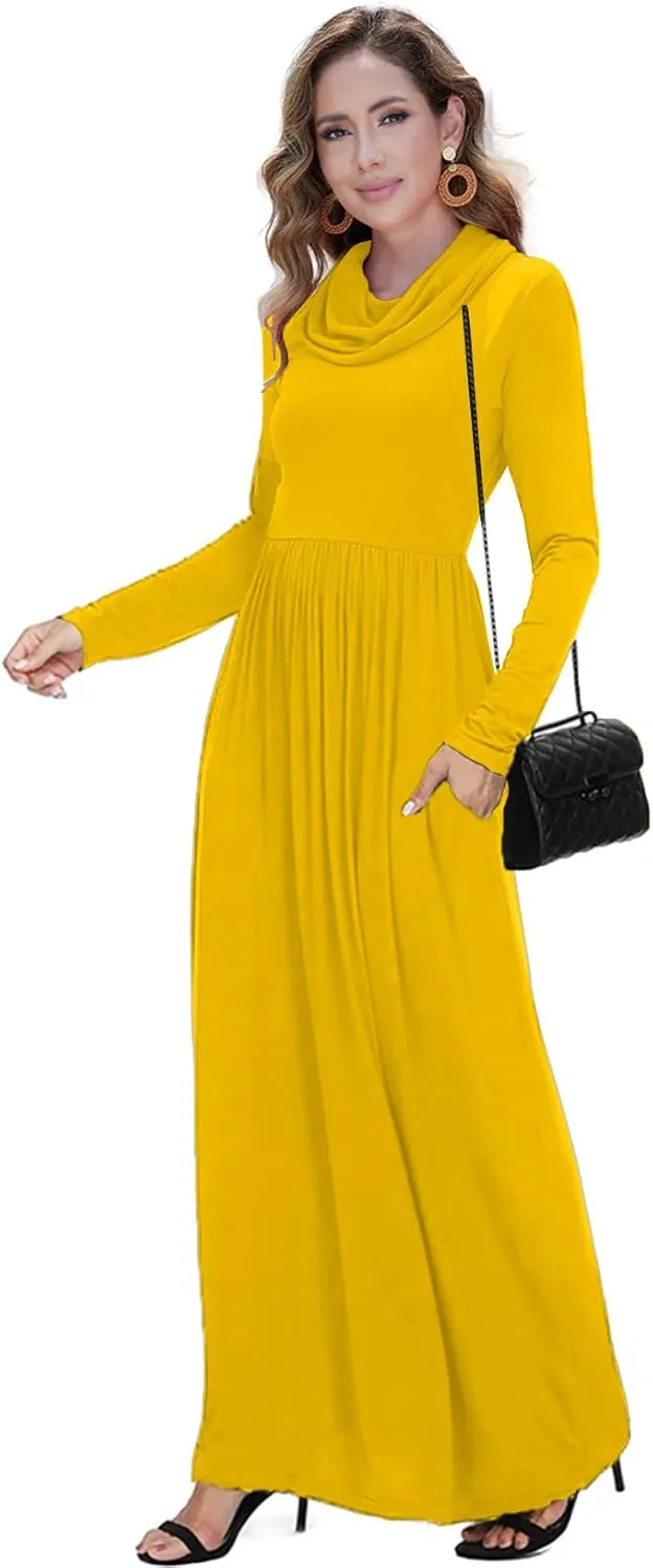 Women's Winter Long Sleeve Casual Maxi Dress Cowl Neck Empire Waist Plain Loose Long Dress with Pockets