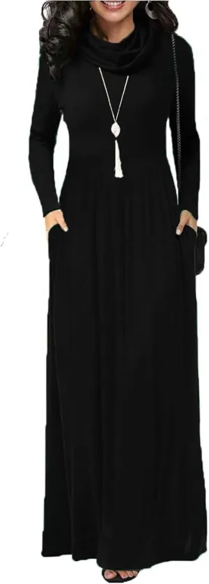 Women's Winter Long Sleeve Casual Maxi Dress Cowl Neck Empire Waist Plain Loose Long Dress with Pockets