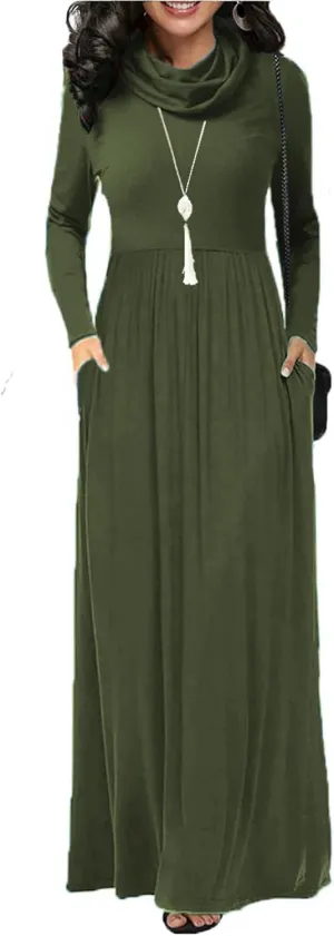 Women's Winter Long Sleeve Casual Maxi Dress Cowl Neck Empire Waist Plain Loose Long Dress with Pockets