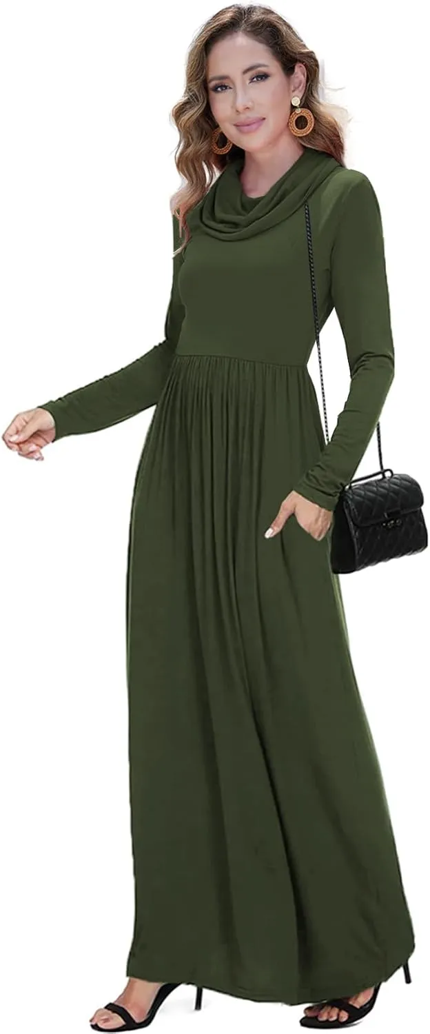 Women's Winter Long Sleeve Casual Maxi Dress Cowl Neck Empire Waist Plain Loose Long Dress with Pockets