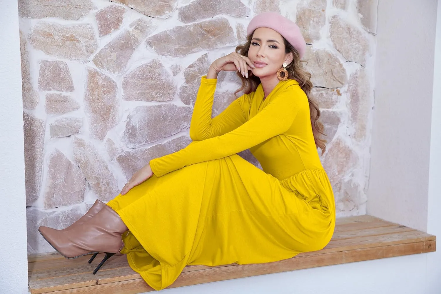 Women's Winter Long Sleeve Casual Maxi Dress Cowl Neck Empire Waist Plain Loose Long Dress with Pockets