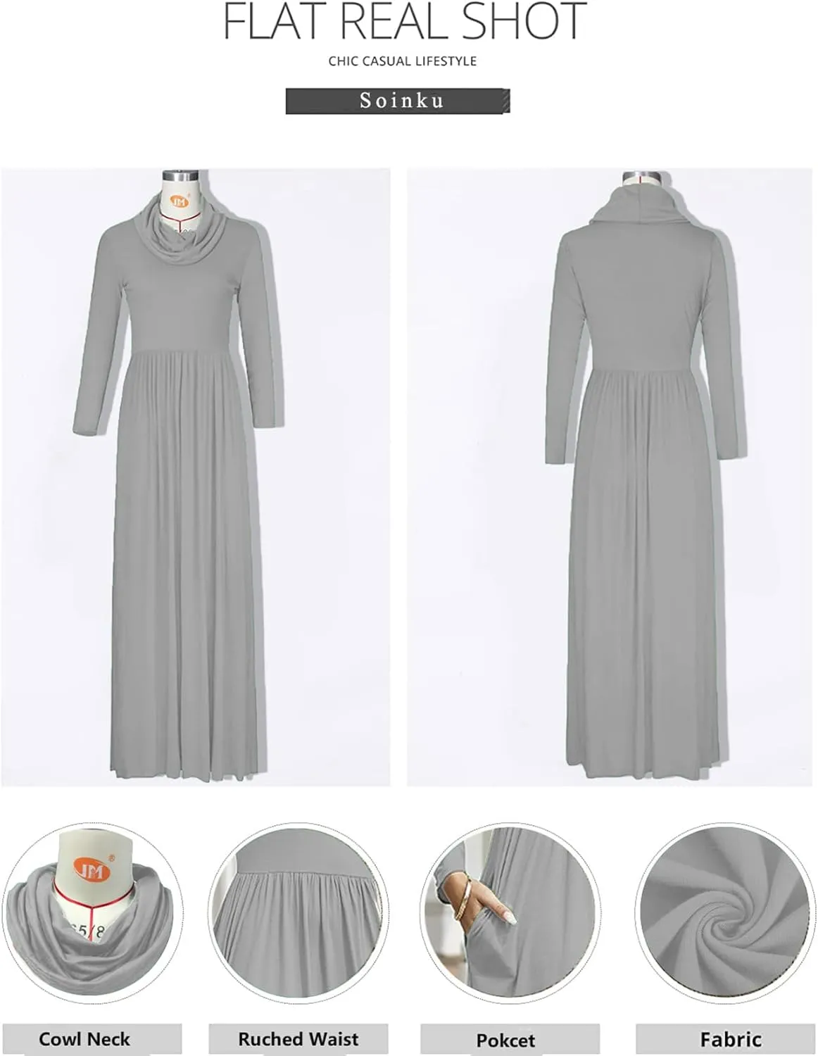 Women's Winter Long Sleeve Casual Maxi Dress Cowl Neck Empire Waist Plain Loose Long Dress with Pockets