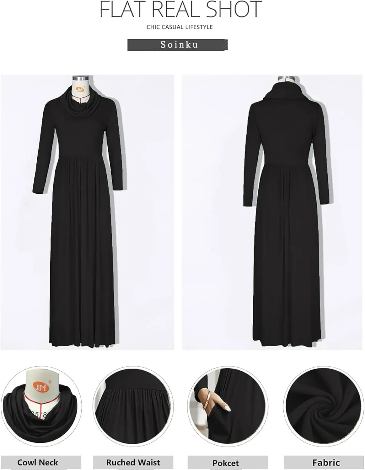 Women's Winter Long Sleeve Casual Maxi Dress Cowl Neck Empire Waist Plain Loose Long Dress with Pockets