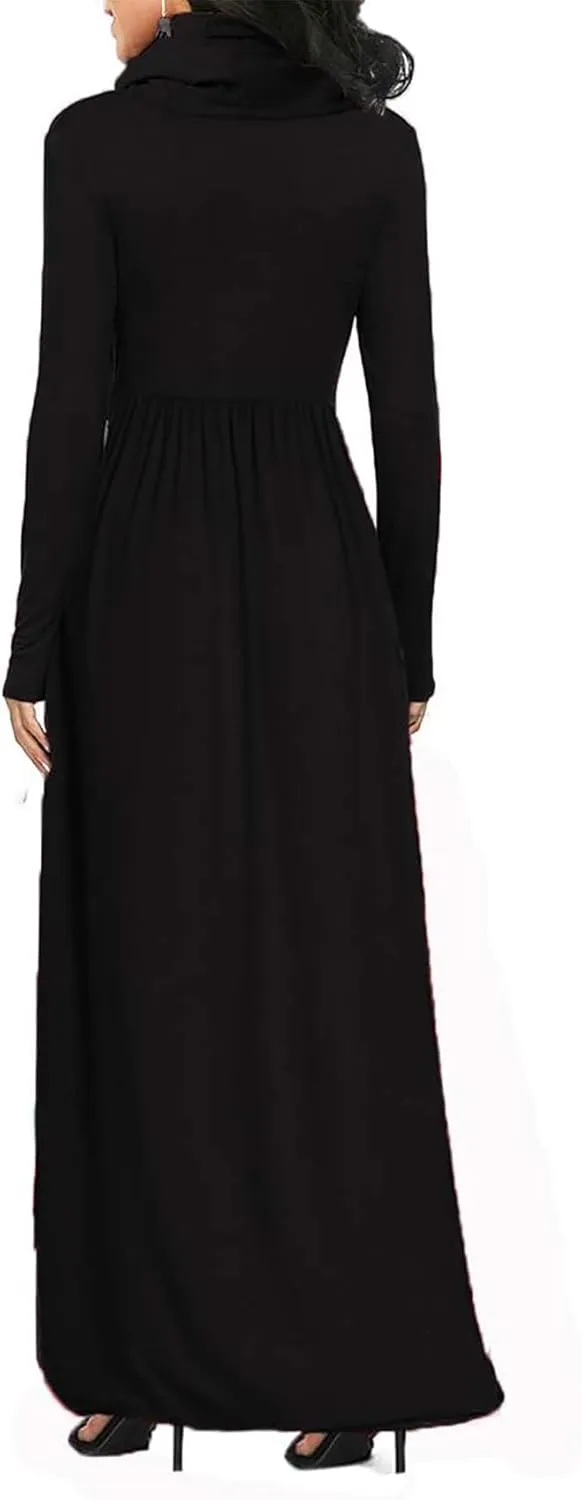 Women's Winter Long Sleeve Casual Maxi Dress Cowl Neck Empire Waist Plain Loose Long Dress with Pockets