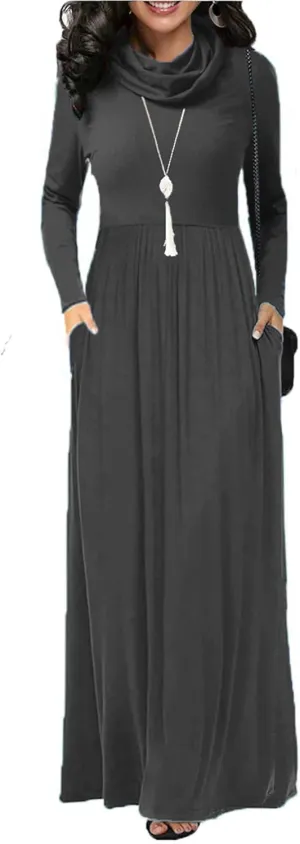 Women's Winter Long Sleeve Casual Maxi Dress Cowl Neck Empire Waist Plain Loose Long Dress with Pockets