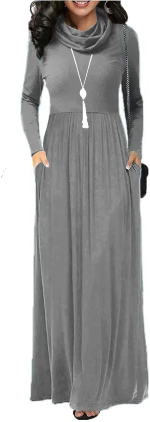 Women's Winter Long Sleeve Casual Maxi Dress Cowl Neck Empire Waist Plain Loose Long Dress with Pockets
