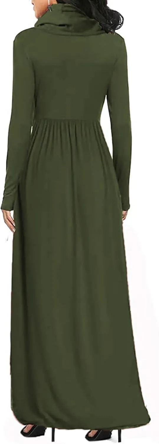 Women's Winter Long Sleeve Casual Maxi Dress Cowl Neck Empire Waist Plain Loose Long Dress with Pockets