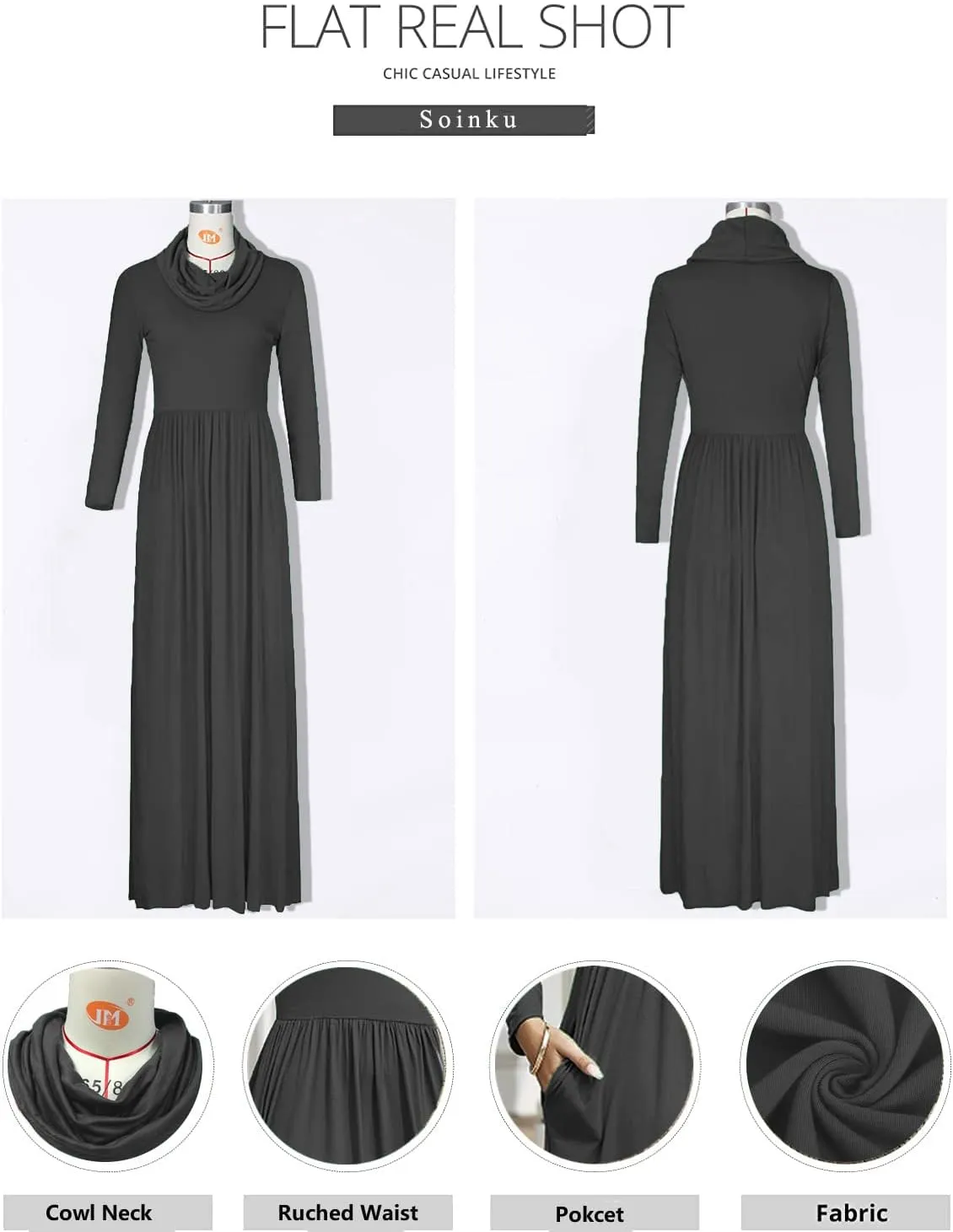 Women's Winter Long Sleeve Casual Maxi Dress Cowl Neck Empire Waist Plain Loose Long Dress with Pockets