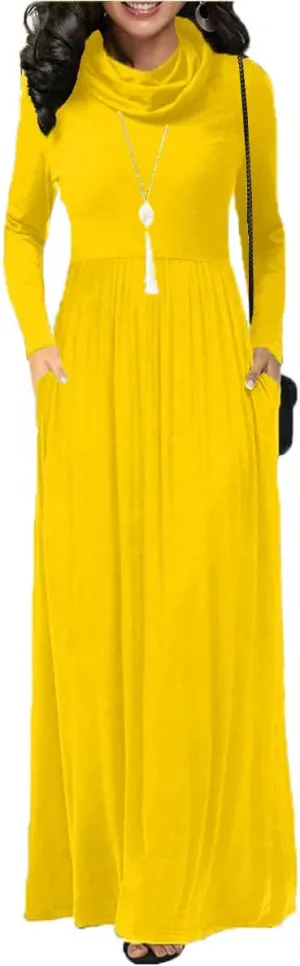 Women's Winter Long Sleeve Casual Maxi Dress Cowl Neck Empire Waist Plain Loose Long Dress with Pockets